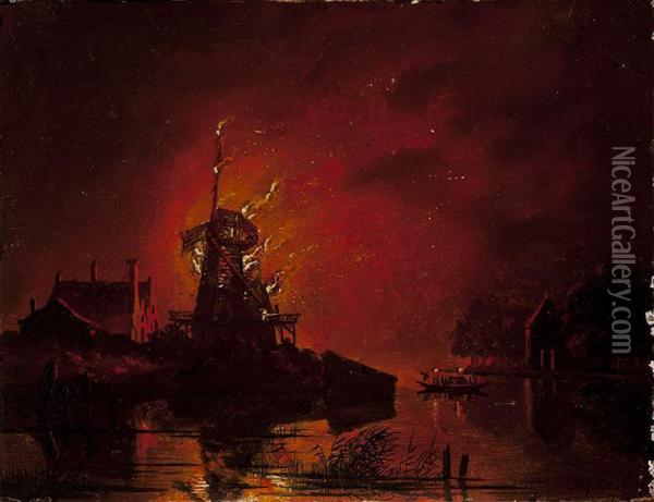 Burning Mill Oil Painting - Hendrik Gerrit ten Cate
