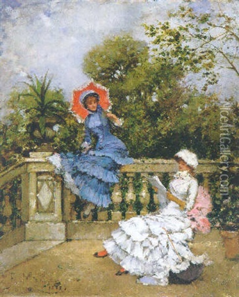 Two Ladies Conversing On A Terrace Oil Painting - Francisco Miralles y Galup