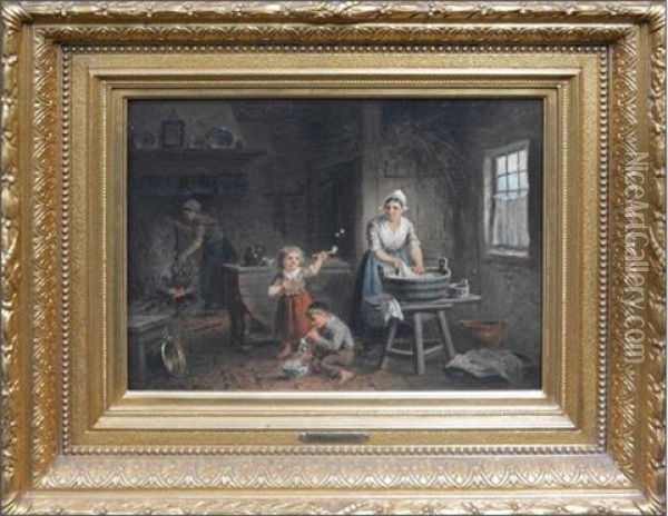 Mother And Children Doing Washing Oil Painting - Jan Jacobus Matthijs Damschroeder