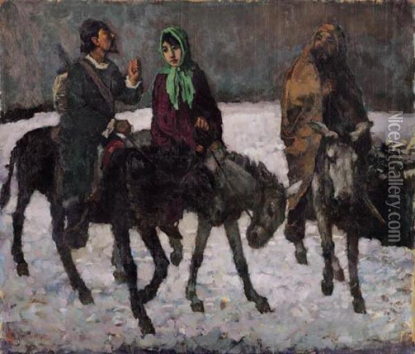 The Three Riders Oil Painting - Xu Beihong