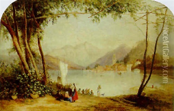 Figures Before A North Italian Lake With A Town Beyond Oil Painting - John Bell