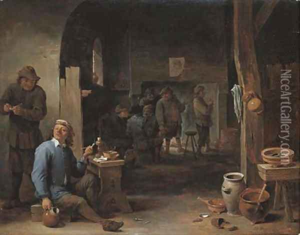 The interior of an inn with peasants smoking by a table and conversing before a fire Oil Painting - David III Teniers