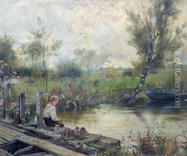 Fishing At The Riverbank Oil Painting - Thomas Ireland