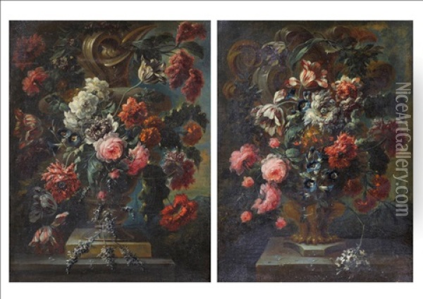 Still Life Of Flowers (+ Still Life Of Flowers In A Stone Urn; Pair) Oil Painting - Jean-Baptiste Monnoyer