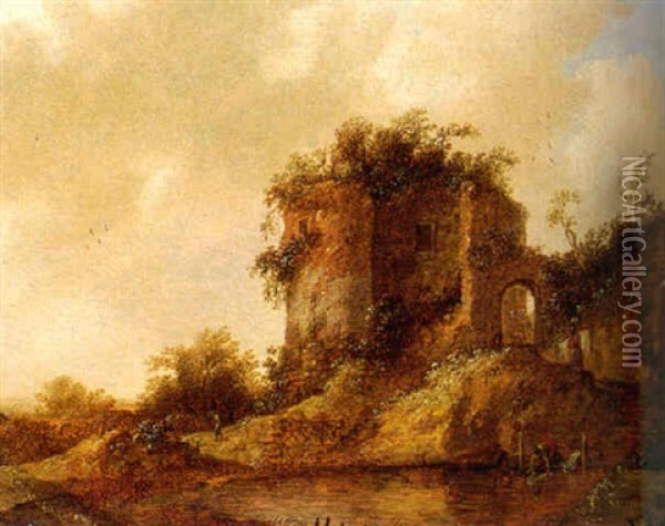 A Washerwoman By A Pond Near A Ruined Tower In The Dunes Oil Painting - Frans de Hulst