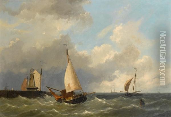 Small Craft Caught In A Stiff Breeze Off Theharbour Mouth Oil Painting - Hermanus Jr. Koekkoek