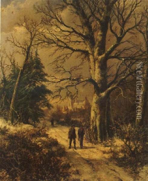 Huntsmen In A Wood Oil Painting - Barend Cornelis Koekkoek