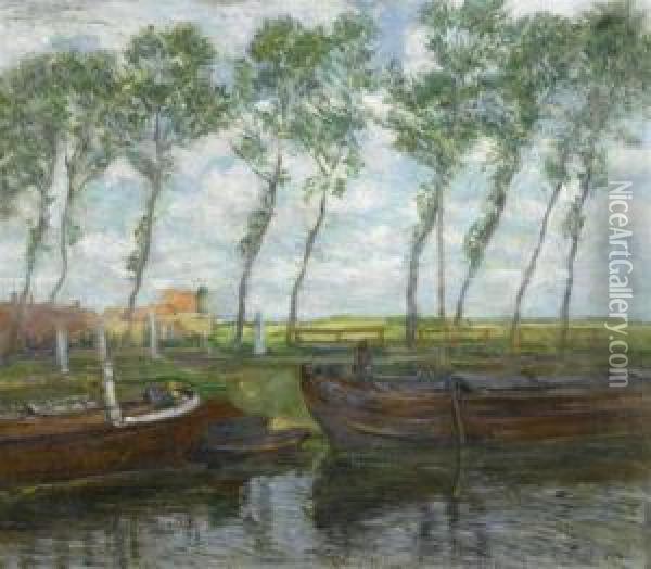 Shore Landscape With Boats. Oil Painting - Emil Pottner