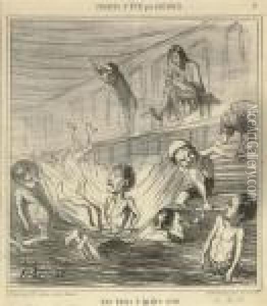 Aux Bains A Quatre Sous Oil Painting - Honore Daumier