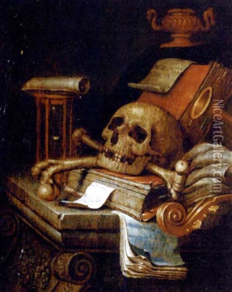 A Vanitas Still Life: A Skull, Books, An Hourglass And A Musical Score On A Stone Carved Table Oil Painting - Edward Collier