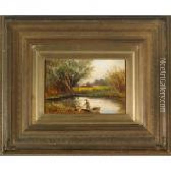 Children Boating In A Pond By The Farm Oil Painting - Thomas Creswick