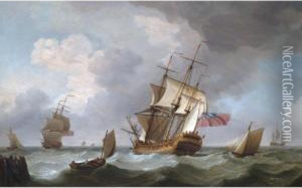 A British Man Of War And Other Vessels In A Heavy Sea Leaving Harbour Oil Painting - Charles Brooking