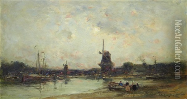River Landscape With Boats And Windmills Oil Painting - Edmund Aubrey Hunt