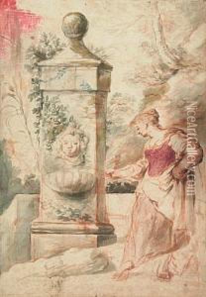 Woman At A Fountain Oil Painting - Giovanni Francesco Castiglione
