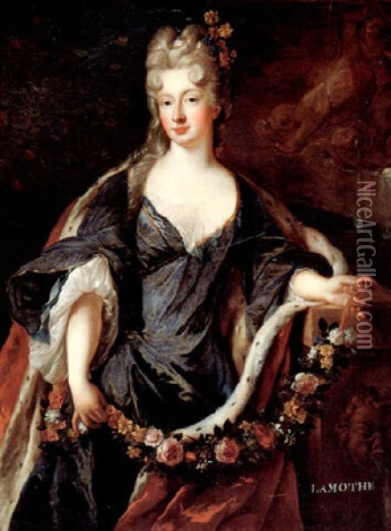 Portrait Of (princess Conti?) In A Blue Taffeta Dress And An Ermine Coat Oil Painting - Alexis-Simon Belle