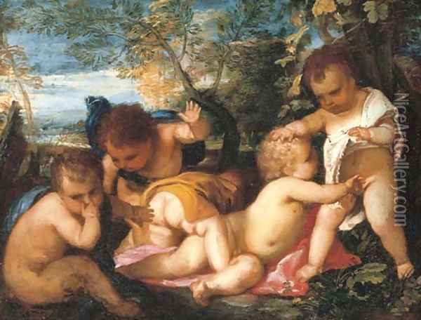Putti cavorting in a landscape Oil Painting - Tiziano Vecellio (Titian)