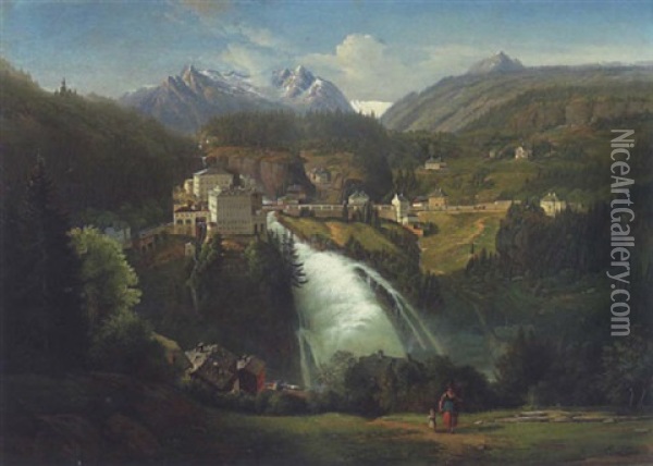 Bad Gasteiner Panoramaansicht Mit Dem Wasserfall Oil Painting - Emil Ludwig Lohr