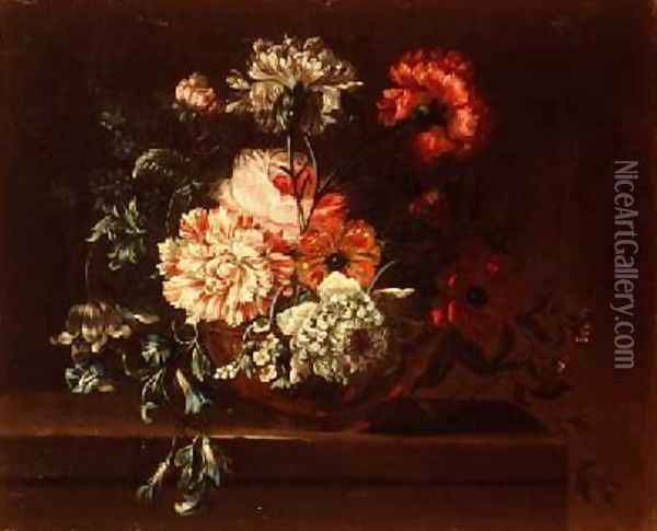 Roses carnations and convolvuli on a ledge Oil Painting - Jean-Baptiste Monnoyer