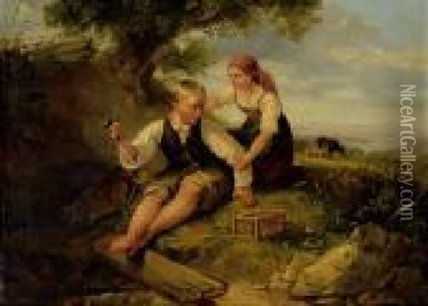 Zwei Kinder Mit Vogelkafig Oil Painting - Johann Matthias Ranftl
