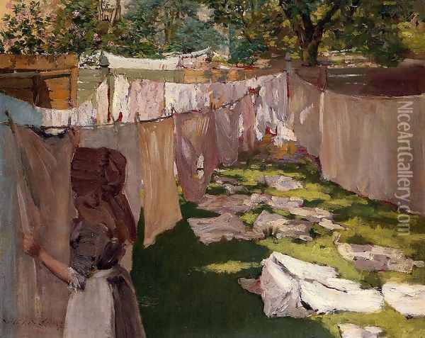 Wash Day - A Back Yard Reminiscence of Brooklyn Oil Painting - William Merritt Chase