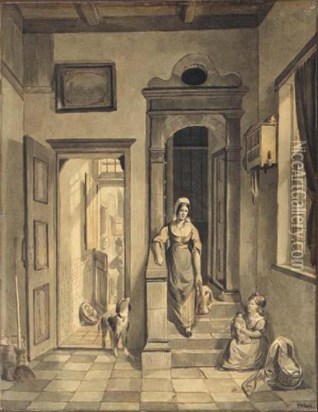 A Mother And Child In The Hallway Of A House, A Dog Nearby Oil Painting - Hubertus, Huib Van Hove