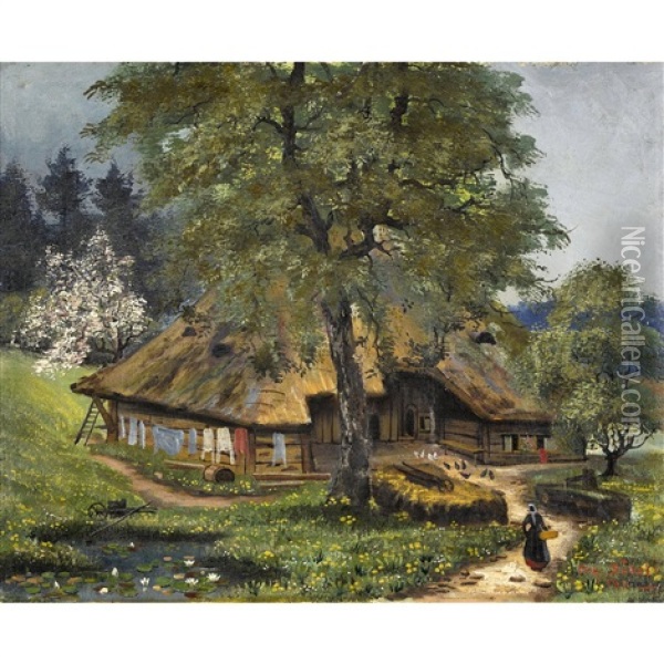 Aargauer Strohdachhaus Mit Bauerin Oil Painting - Johann Othmar Doebeli