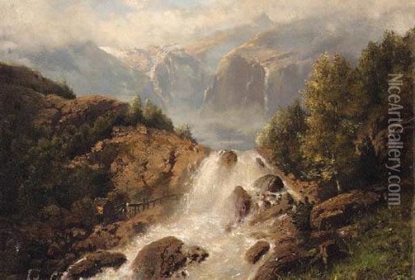 A Swiss Alpine Landscape Oil Painting - Alexandre Calame
