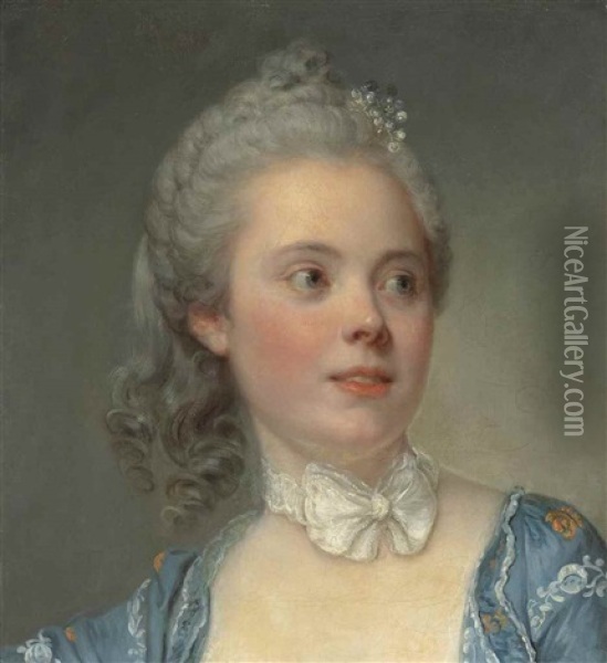 Portrait Of A Lady, Bust-length, In An Embroidered Blue Dress With A White Lace Ribbon Tied In A Bow At Her Neck Oil Painting - Jean Baptiste Greuze