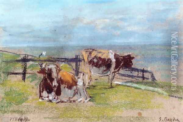 Cows on a Cliff at Villerville Oil Painting - Eugene Boudin