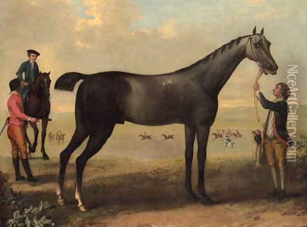 Childers, a dark bay racehorse held by a groom, with a horse and rider and jockey beside him, in an extensive landscape. Oil Painting - John Wootton