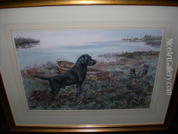 A Blacklabrador On The Banks Of An Estuary Oil Painting - Kate Harris