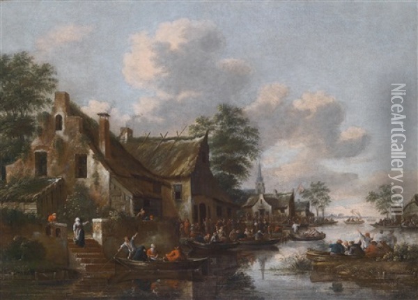 Ene Stadt Am Ufer Eines Flusses Oil Painting - Thomas Heeremans