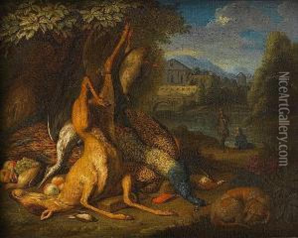 A Dead Deer, Peacock, Heron And 
Other Birds At The Foot Of A Tree, A Dog Asleep Nearby And Huntsmen 
Beyond Oil Painting - Pieter Andreas Rysbrack