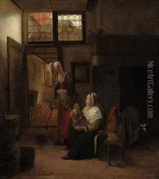 Mother And Child With A Serving Woman Sweeping Oil Painting - Pieter De Hooch