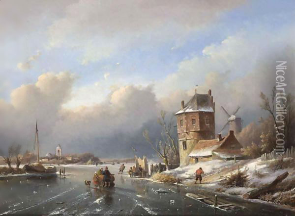 Figures On A Frozen Waterway Near A A'Koek En Zopie A' Oil Painting - Jan Jacob Coenraad Spohler