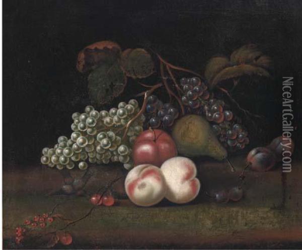 Still Life Of Grapes, Peaches, 
An Apple, Pear And Plums, With Abird Eating Cherries To The Side Oil Painting - William Sartorius
