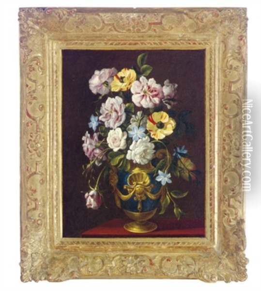 Still Life Of Flowers In A Decorative Blue Vase Oil Painting - Francesco Mantovano