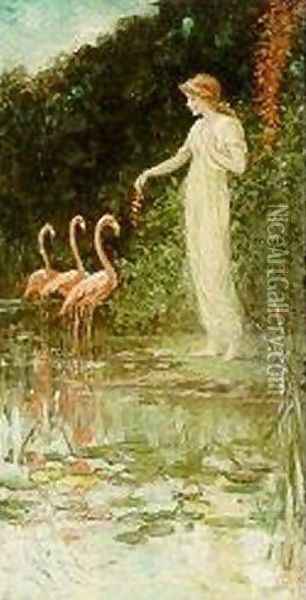 Standing Woman with Three Pink Flamingos Oil Painting - Frederick Stuart Church