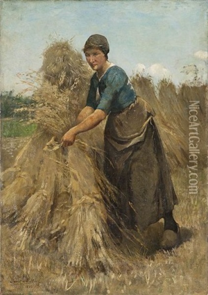 Binding The Hay Oil Painting - David De La Mar