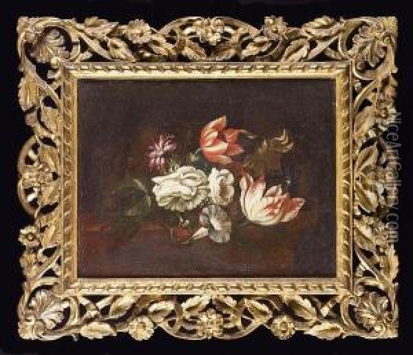 A Tulip, Carnation, Morning 
Glory And Other Flowers On A Table-top; And A Tulip, Chrysanthemum, 
Carnation, Morning Glory And Other Flowers On A Table-top Oil Painting - Bartolomeo Ligozzi