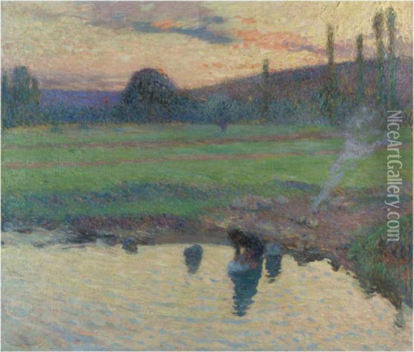La Lavandiere Au Bord De L'eau Oil Painting - Henri Martin
