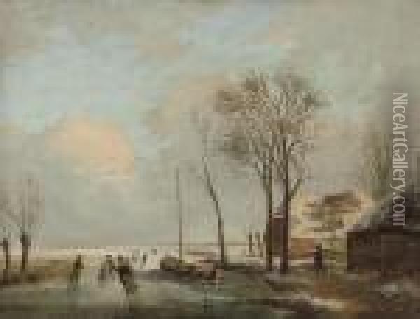 Skaters On A Dutch Waterway Oil Painting - Charles Henri Leickert