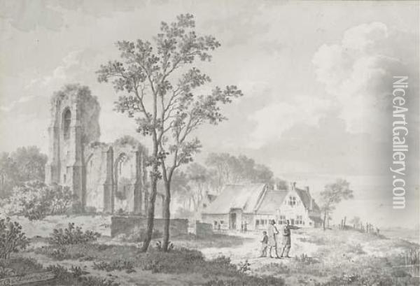 Figures Conversing By A Farmhouse And A Ruin Oil Painting - Barend Cornelis Koekkoek