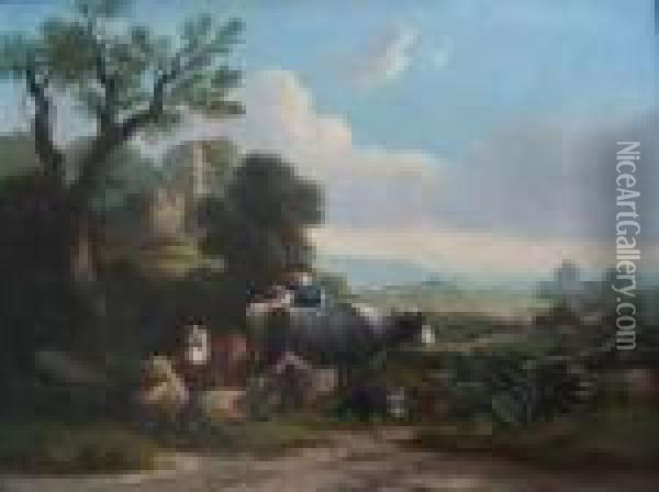 Country Scenes With Figures Tending Animals Oil Painting - Snr William Shayer