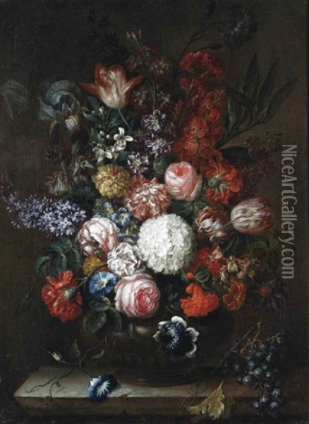 Roses, Carnations, Honeysuckle, Wisteria And Other Flowers With Blue Grapes, All On A Stone Ledge Oil Painting - Pieter Hardime
