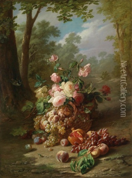 Ein Korb Mit Blumen Und Fruchten Vor Landschaftshintergrund Oil Painting - Emile Gustave Couder