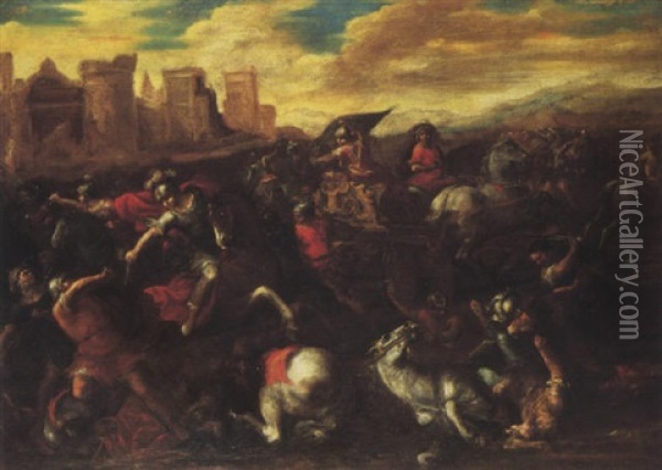 A Cavalry Skirmish Before A Fortified Town Oil Painting - Johann Heinrich Schoenfeldt