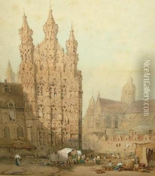 View Of The Market In Leuven, Belgium Oil Painting - Samuel Prout