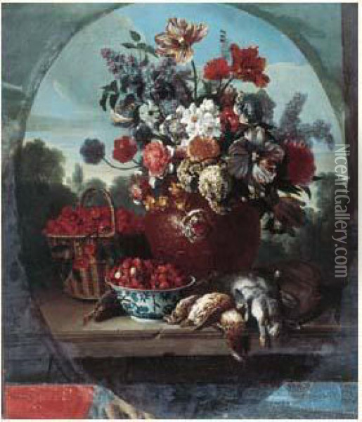 Nature Morte Au Bouquet, Aux Fraises Des Bois, Aux Cerises Et Au Gibier Oil Painting - Alexandre-Francois Desportes