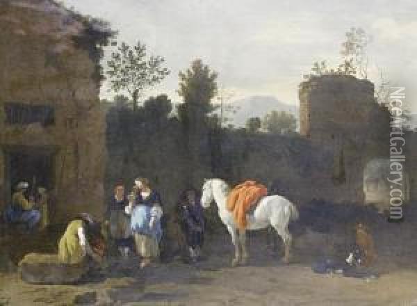Figures And A Horse Before An Inn Oil Painting - Simon Johannes van Douw